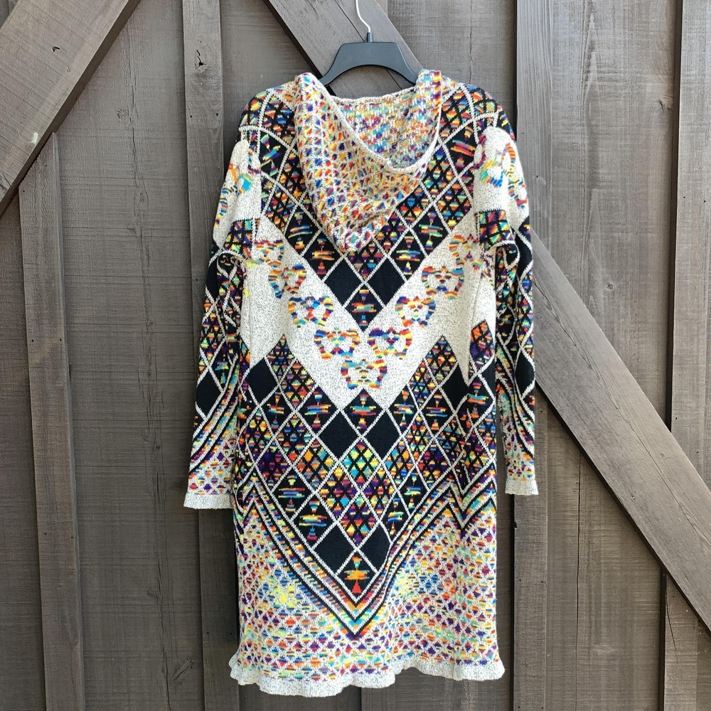 Boho Aztec Hooded Cardigan Sweater Open Front Long Knit Multicolor Size M - Picture 7 of 14